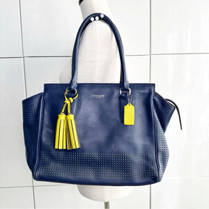 COACH Y2K Legacy Carryall Tote Navy Blue Citrine Perforated Shoulder Bag 22390